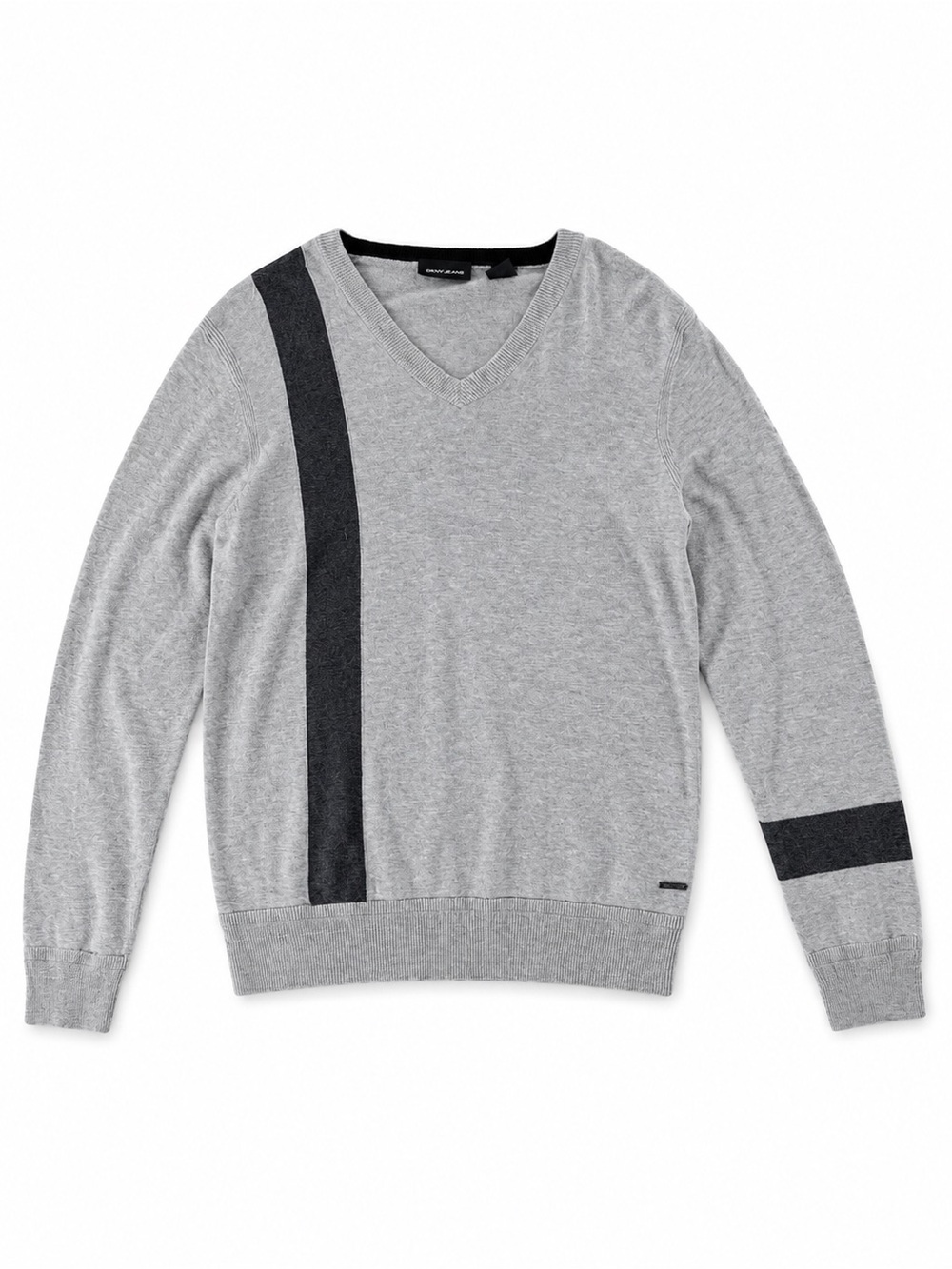 Dkny Men's Grey V-Neck Sweater with Dark Grey Accent Size M